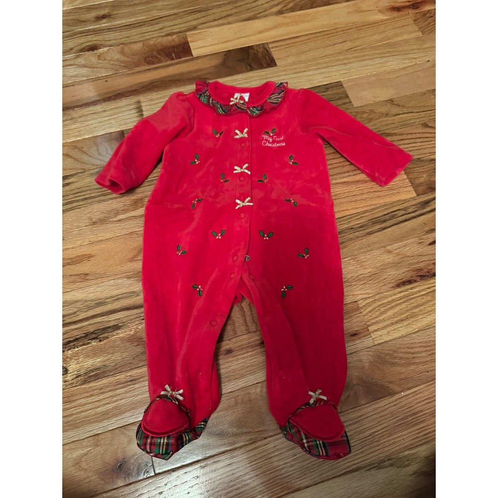 Little Me Baby Girls My First Christmas Red Velour Footed Sleeper Pajamas 3M